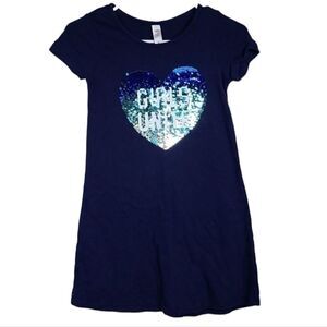 Justice Girls 10 Navy Blue Sequin Heart Soft French Terry Short Sleeve Dress